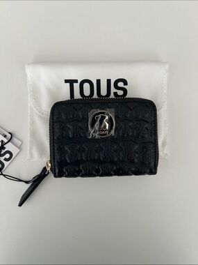 Tous Black Embossed Leather Zip-Around Wallet with Logo Plaque